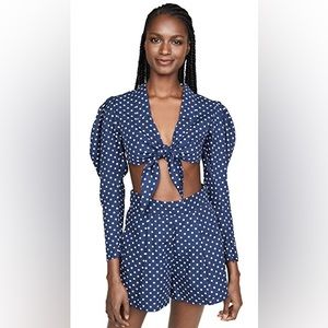 NWT WeWoreWhat “Bisou” Blouse | Cropped Blue Polka Dot Front Tie Top | Size XS